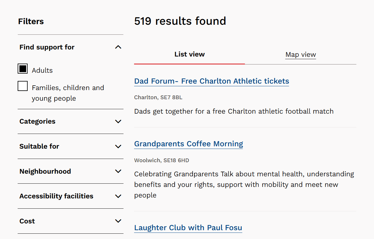 List and map view toggle for search results.