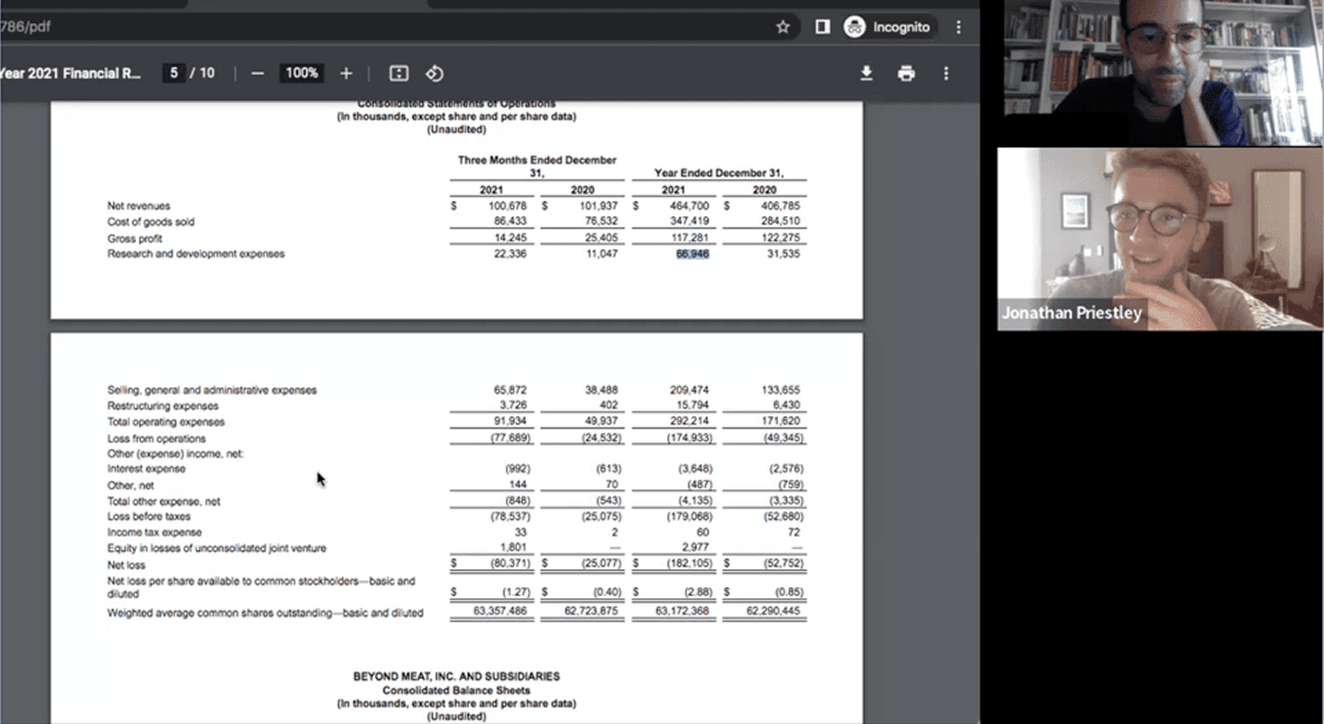 A screenshot from a Zoom video call between the researcher and a financial analyst looking at a financial statement.